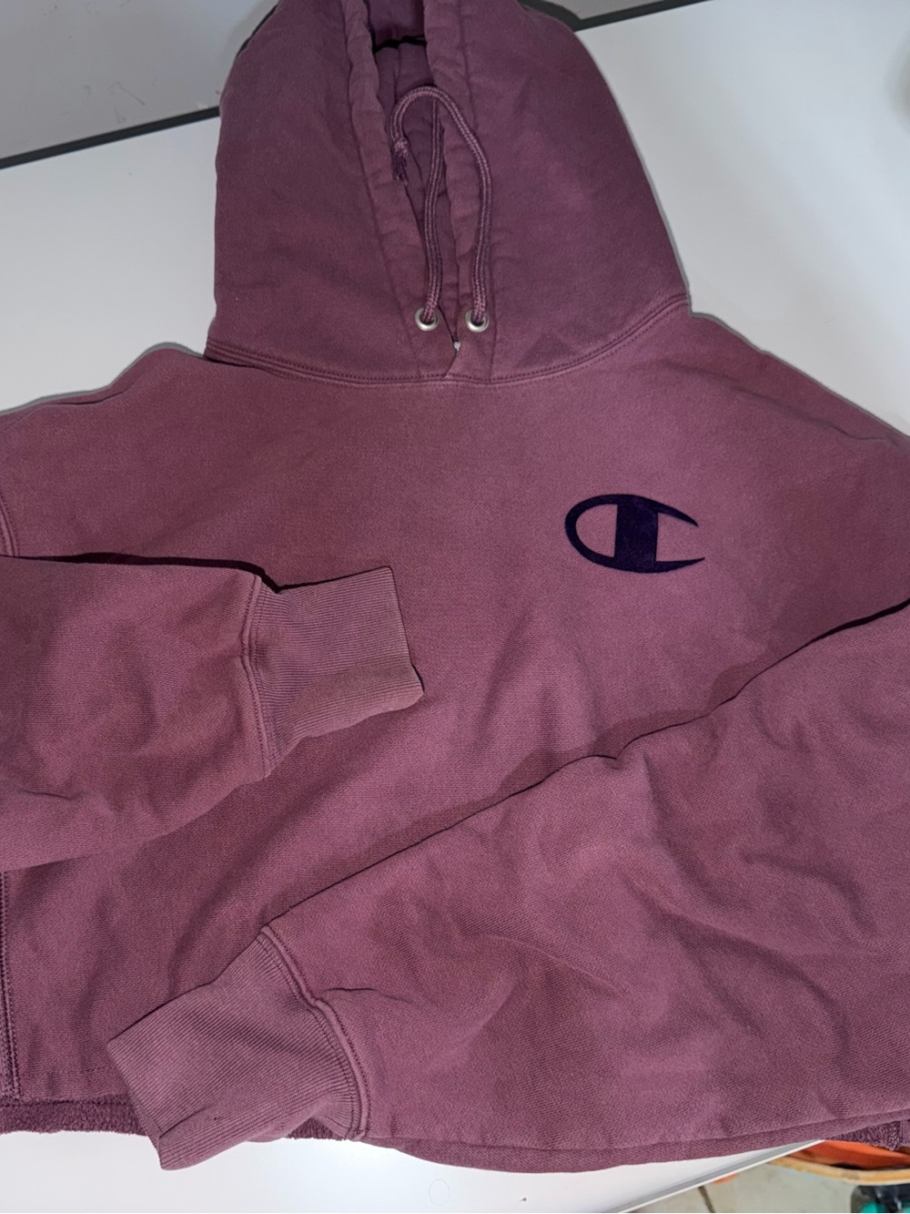 Champion Crop Hoodie in Dusty Rose with Velvet Navy Logo